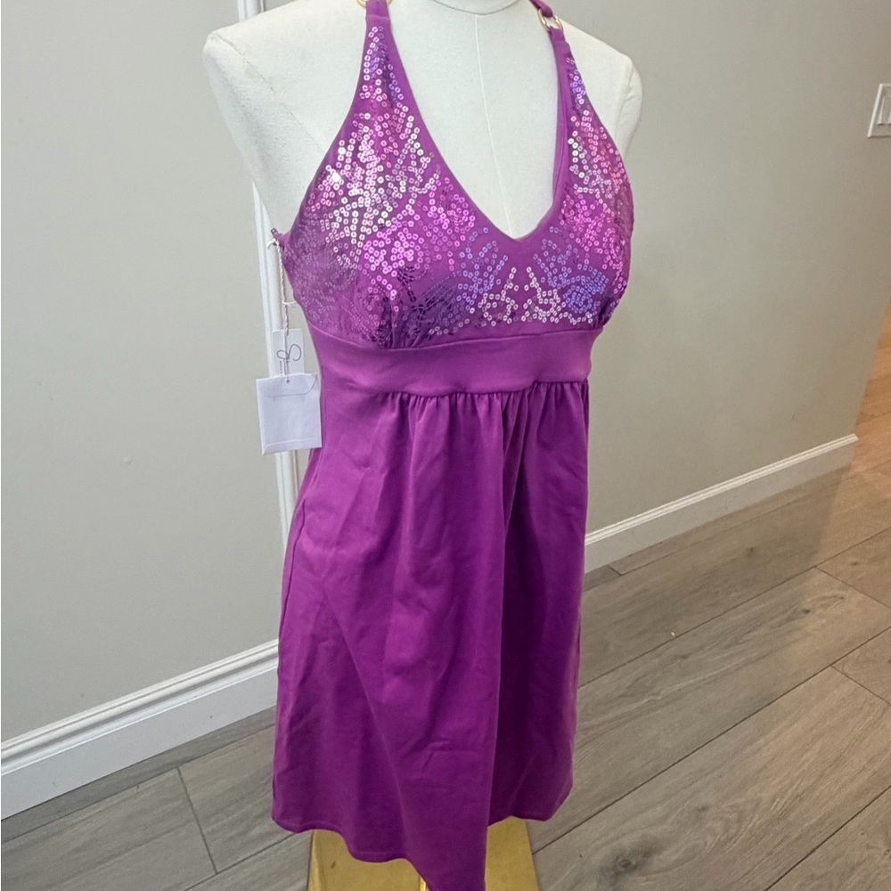 Sequin Halter Mini Dress in Violet - Picture 3 of 9